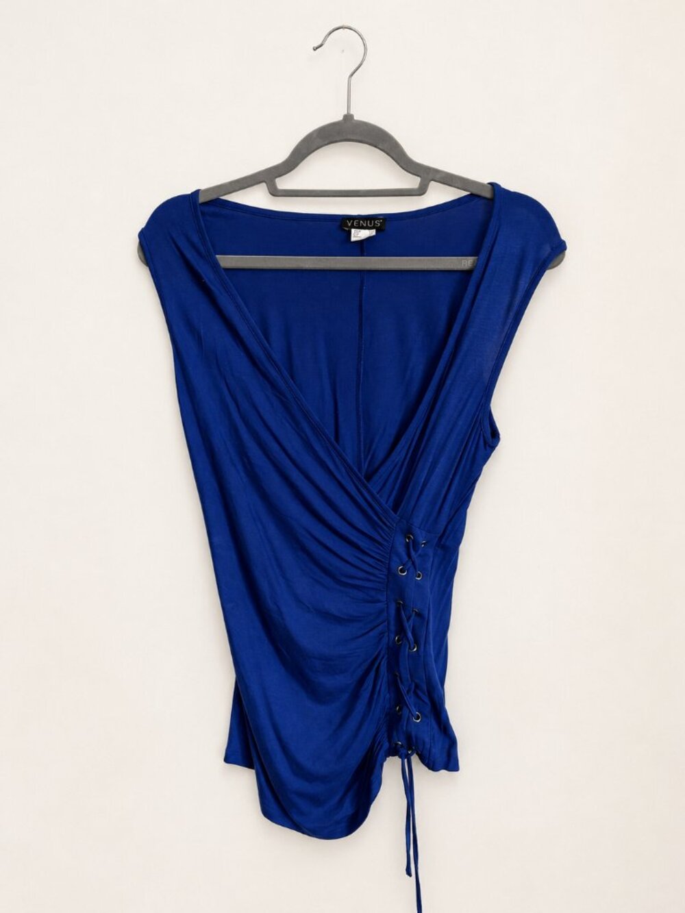VENUS Blue Ruched Lace-Up Surplice Top Size M